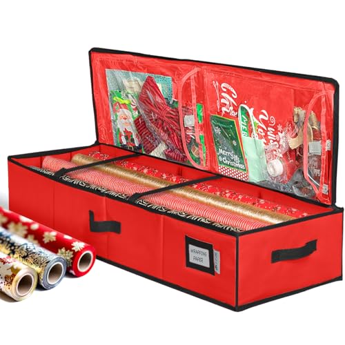 HOLDN’ STORAGE Premium Wrapping Paper Storage Container -Durable Material 600D tear-proof - Fits up to 27 Paper Rolls -Extra Pockets for Ribbons & Bows. Underbed Gift Wrap Organizer, Ideal for Holiday Christmas, etc - Image 1