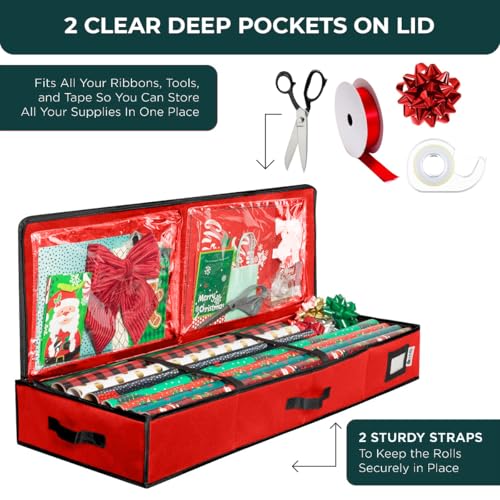 HOLDN’ STORAGE Premium Wrapping Paper Storage Container -Durable Material 600D tear-proof - Fits up to 27 Paper Rolls -Extra Pockets for Ribbons & Bows. Underbed Gift Wrap Organizer, Ideal for Holiday Christmas, etc - Image 4