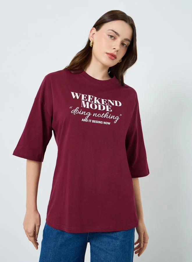 Women Burgundy Slogan Print T-Shirt