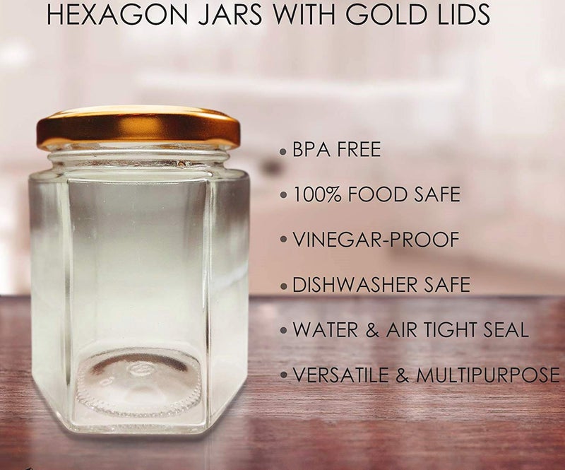 MACHAK Hexagon 260 Ml Glass Jar Storage Container With Air Tight Lid, Set Of 14, Brown - Image 5