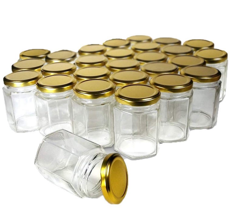 MACHAK Hexagon 260 Ml Glass Jar Storage Container With Air Tight Lid, Set Of 14, Brown - Image 1