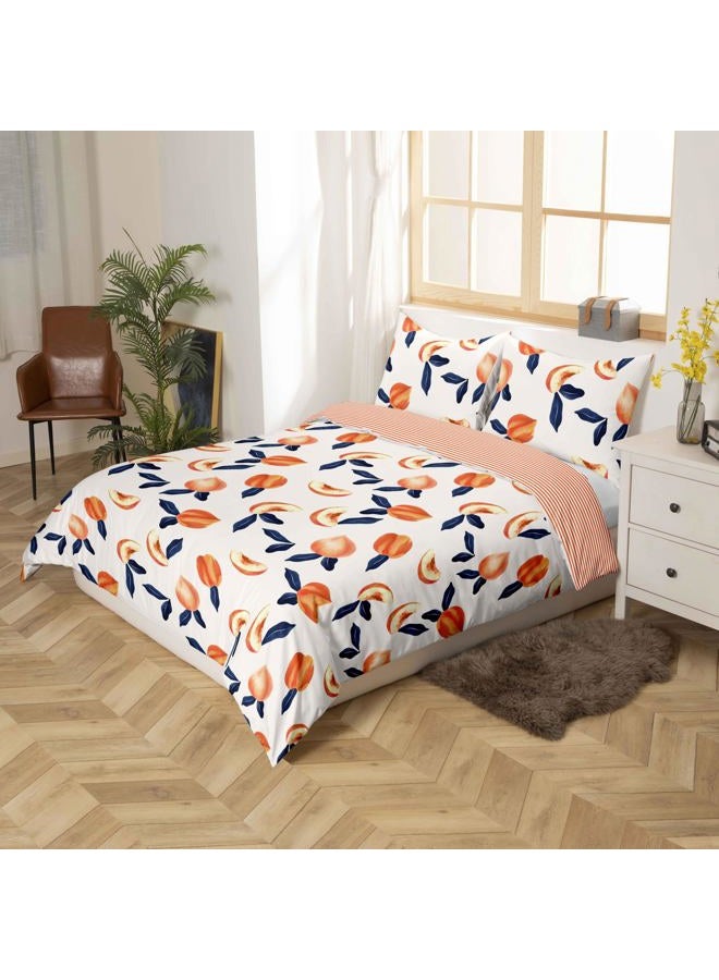 Feelyou Peach Bedding Set King Size for Girls Teens Cute Fruit Room Decor Duvet Cover Reversible Design Kawaii Fresh Peaches Comforter Cover Cartoon Fruit Stripes Bedspread Cover, 1 Duvet Cover+2 Pillowcases - Image 2
