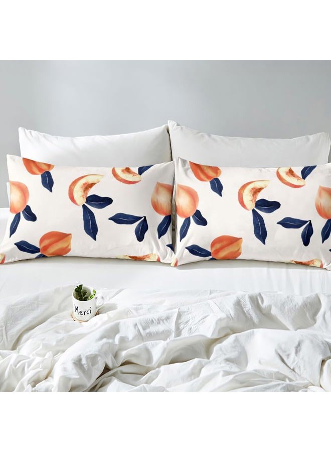 Feelyou Peach Bedding Set King Size for Girls Teens Cute Fruit Room Decor Duvet Cover Reversible Design Kawaii Fresh Peaches Comforter Cover Cartoon Fruit Stripes Bedspread Cover, 1 Duvet Cover+2 Pillowcases - Image 4