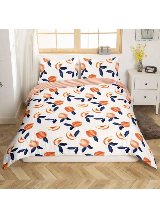 Feelyou Peach Bedding Set King Size for Girls Teens Cute Fruit Room Decor Duvet Cover Reversible Design Kawaii Fresh Peaches Comforter Cover Cartoon Fruit Stripes Bedspread Cover, 1 Duvet Cover+2 Pillowcases - Image 3