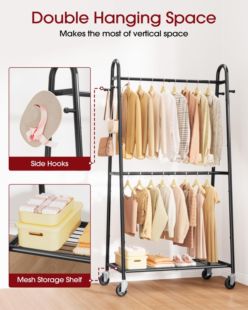 Sakugi Heavy Duty Clothes Rack, Metal Clothing Rack with Double Hanging Rods, 4 Hooks & Mesh Shelf, Freestanding Garment Rack with Triangular Design for Bedroom Closet, 36.5" x 16.9" x 72.8", Black - Image 3
