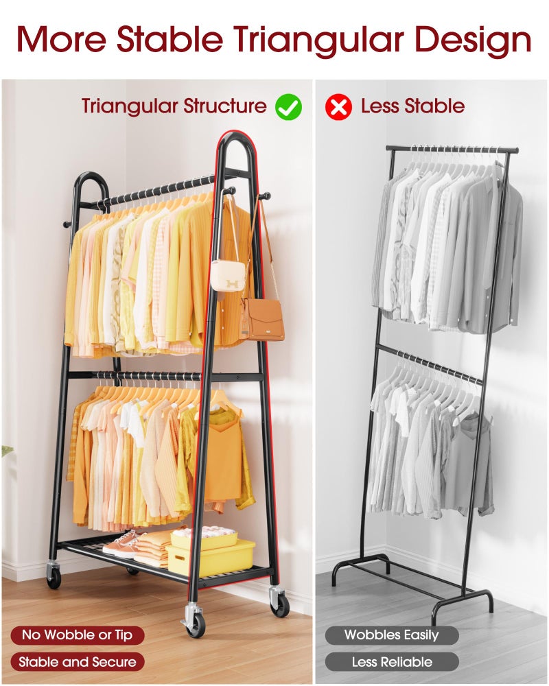 Sakugi Heavy Duty Clothes Rack, Metal Clothing Rack with Double Hanging Rods, 4 Hooks & Mesh Shelf, Freestanding Garment Rack with Triangular Design for Bedroom Closet, 36.5" x 16.9" x 72.8", Black - Image 4