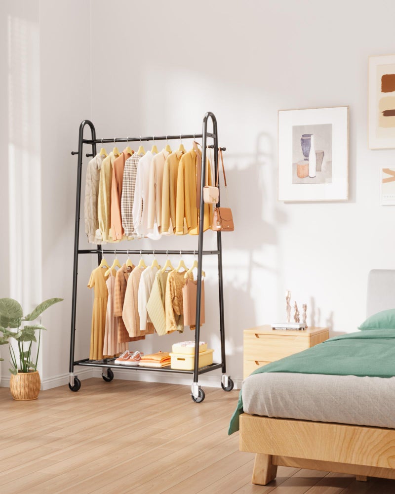 Sakugi Heavy Duty Clothes Rack, Metal Clothing Rack with Double Hanging Rods, 4 Hooks & Mesh Shelf, Freestanding Garment Rack with Triangular Design for Bedroom Closet, 36.5" x 16.9" x 72.8", Black - Image 2