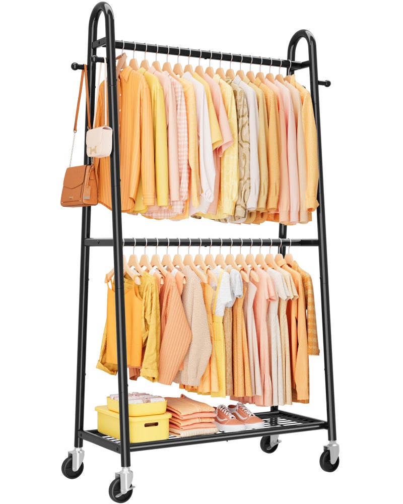 Sakugi Heavy Duty Clothes Rack, Metal Clothing Rack with Double Hanging Rods, 4 Hooks & Mesh Shelf, Freestanding Garment Rack with Triangular Design for Bedroom Closet, 36.5" x 16.9" x 72.8", Black - Image 1