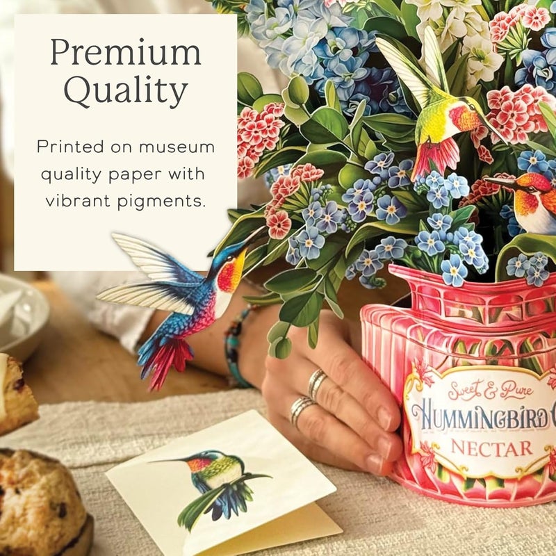 Freshcut Paper بطاقات البوب أب من ورق القطع الطازج، واحة الطائر الطنان، باقة زهور أبدية ثلاثية الأبعاد بحجم 12 بوصة، بطاقة تهنئة منبثقة ثلاثية الأبعاد، بطاقات عيد الميلاد، بطاقة شكر، بطاقة ملاحظة فارغة ومظروف - Image 5