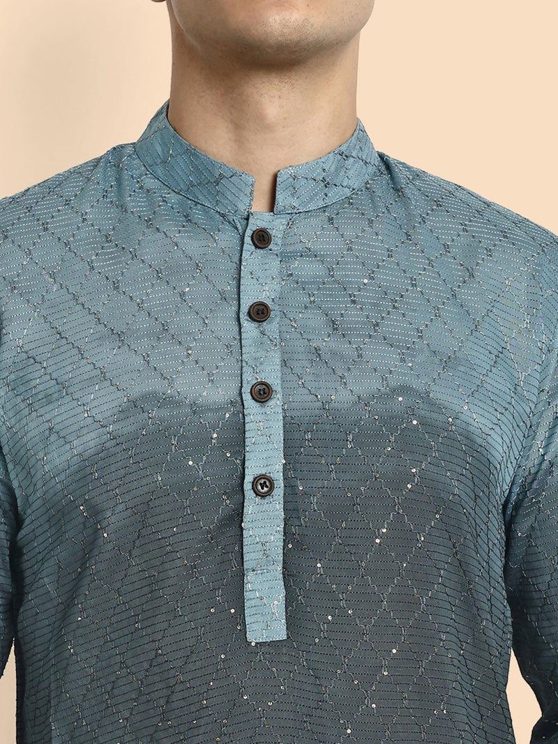 Vardha Men's Cotton Chikankari Embroidered Kurta with Full Sleeves and Knee Length Design and Elegant Sequence Work | Kurta for Men - Image 4