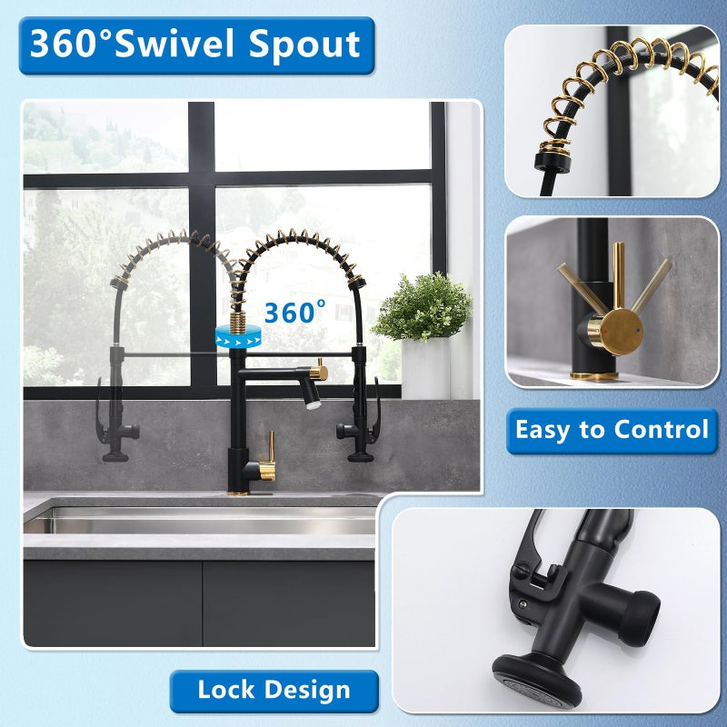 Fapully LED Kitchen Faucet with Pull Down Sprayer,Black&Gold Commercial Kitchen Faucet for Kitchen Sink - Image 5