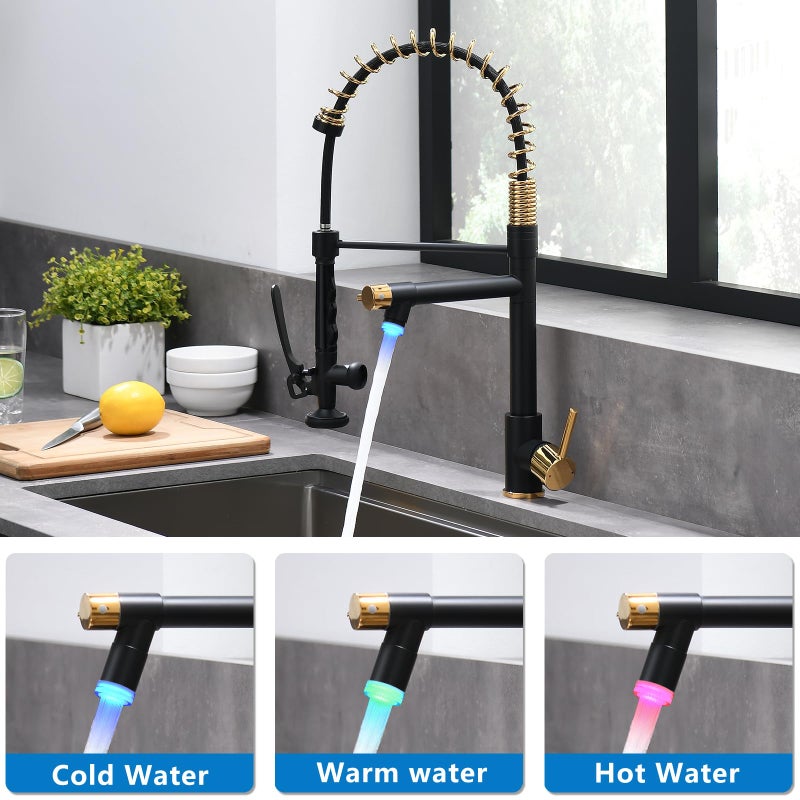 Fapully LED Kitchen Faucet with Pull Down Sprayer,Black&Gold Commercial Kitchen Faucet for Kitchen Sink - Image 2