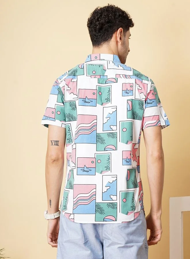 شركة المرآب الهندية قميص رجالي كاجوال بنصف كم وياقة واسعة بطبعة استوائية