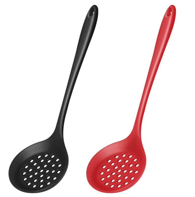 SKIMMER SLOTTED SPOON 2PC SET HEAT RESISTANT 600 F SLOTTED LADLE SPOONS FOR KITCHEN COOKING BLACK RED