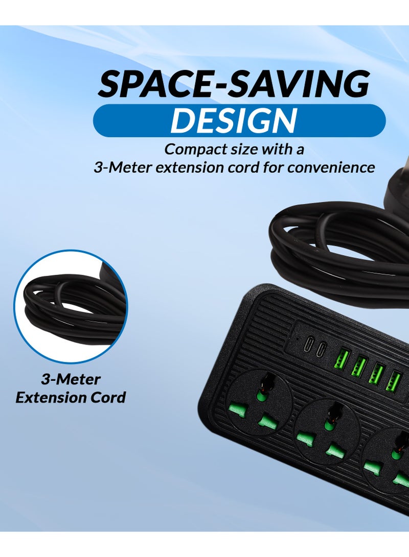 10 in 1 Multi plug Universal Power Strip / extension cord with 4 USB ports | 4 Outlets | 2 Type-C ports, 10A UK Plug, Surge Protector, 3M Power extension cable for Home, Kitchen and Office (Black)