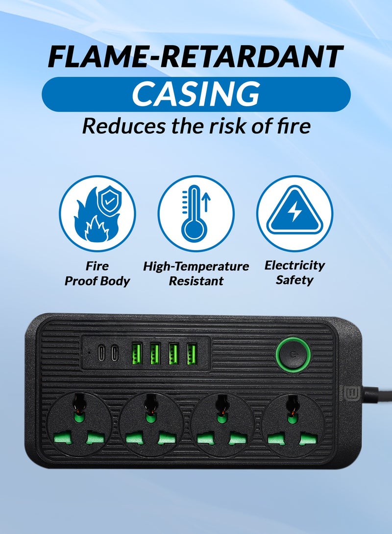 10 in 1 Multi plug Universal Power Strip / extension cord with 4 USB ports | 4 Outlets | 2 Type-C ports, 10A UK Plug, Surge Protector, 3M Power extension cable for Home, Kitchen and Office (Black)