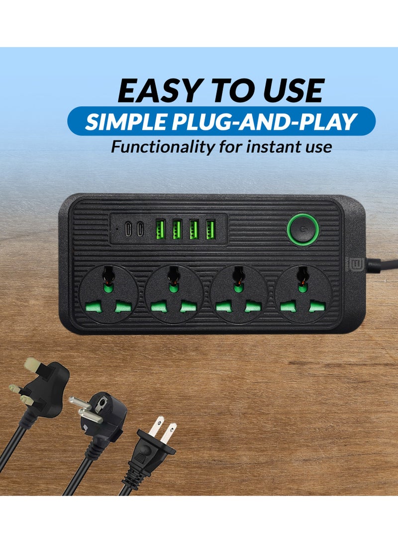 10 in 1 Multi plug Universal Power Strip / extension cord with 4 USB ports | 4 Outlets | 2 Type-C ports, 10A UK Plug, Surge Protector, 3M Power extension cable for Home, Kitchen and Office (Black)