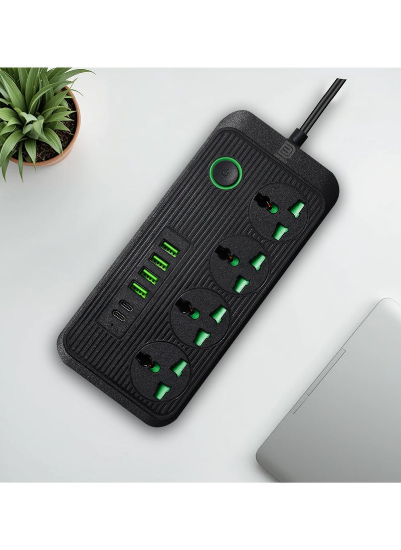 DANEEN 10 in 1 Multi plug Universal Power Strip / extension cord with 4 USB ports | 4 Outlets | 2 Type-C ports, 10A UK Plug, Surge Protector, 3M Power extension cable for Home, Kitchen and Office (Black)  - Image 2