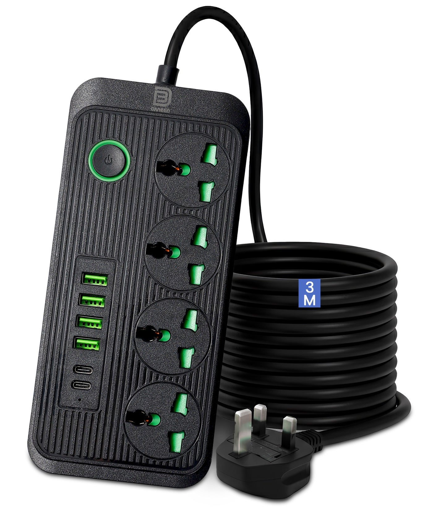 10 in 1 Power Strip with 4 AC Outlets, 4 USB‑A & 2 USB‑C Ports, Surge Protector, 3m Heavy-Duty Extension Cord, Overload Protection, Wall-Mountable Multi-Plug for Home, Office and Electronics (Black)