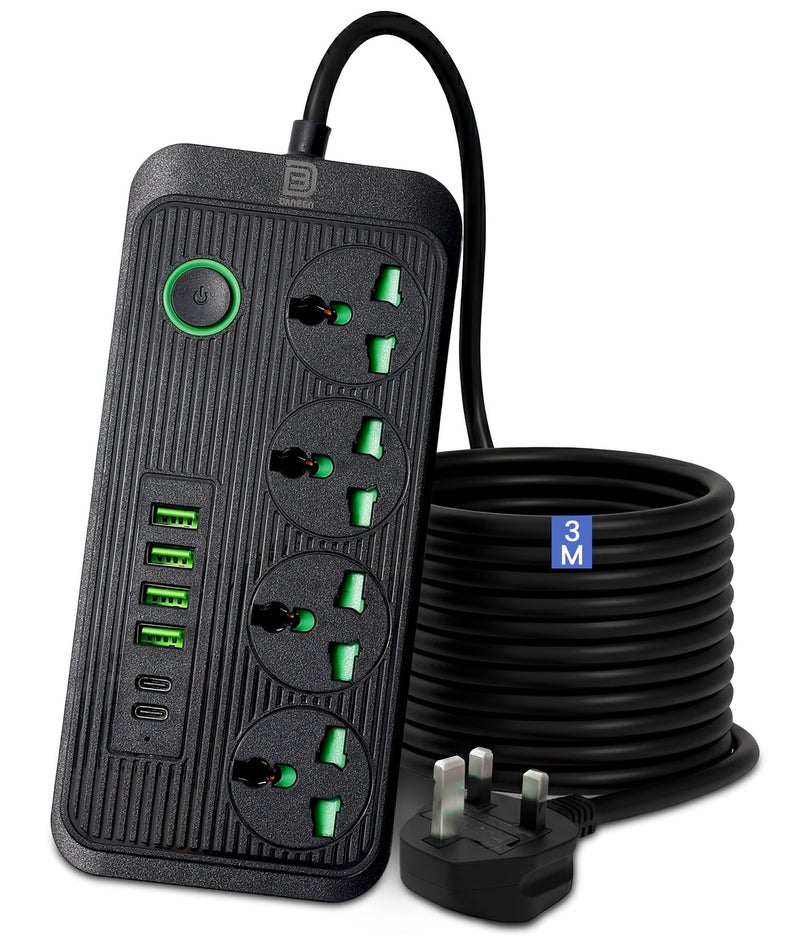 دانين شريط طاقة 10 في 1 مزود بـ 4 منافذ تيار متردد، 4 منافذ USB-A + 2 منافذ USB-C، واقي من زيادة التيار، سلك تمديد عالي التحمل بطول 3 أمتار، حماية من الحمل الزائد، موصل متعدد قابل للتركيب على الحائط للمنزل والمكتب والإلكترونيات (أسود) - Image 1
