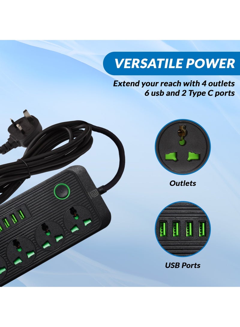 دانين شريط طاقة 10 في 1 مزود بـ 4 منافذ تيار متردد، 4 منافذ USB-A + 2 منافذ USB-C، واقي من زيادة التيار، سلك تمديد عالي التحمل بطول 3 أمتار، حماية من الحمل الزائد، موصل متعدد قابل للتركيب على الحائط للمنزل والمكتب والإلكترونيات (أسود) - Image 3