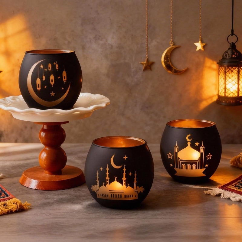 SHMILMH Ramadan Table Decor, Ramadan Mubarak Decoration, Glass Votive Tealight Candle Holders, Eid Decorations for Home Gift - Image 5