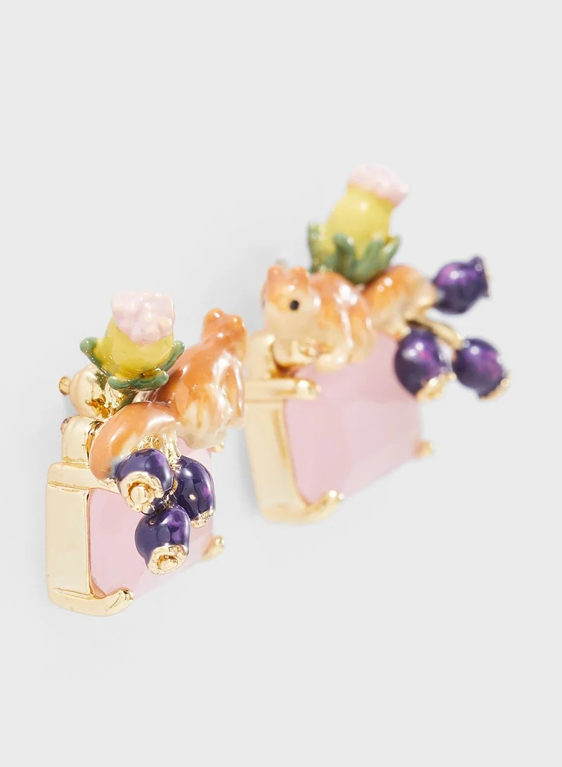 Les Nereides Little Squirrel And Buds On Faceted Glass Earrings