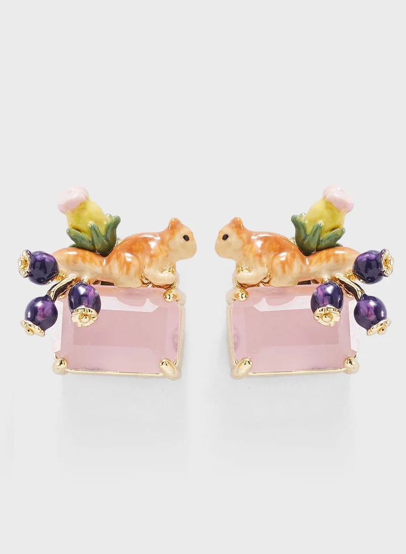 Les Nereides Little Squirrel And Buds On Faceted Glass Earrings
