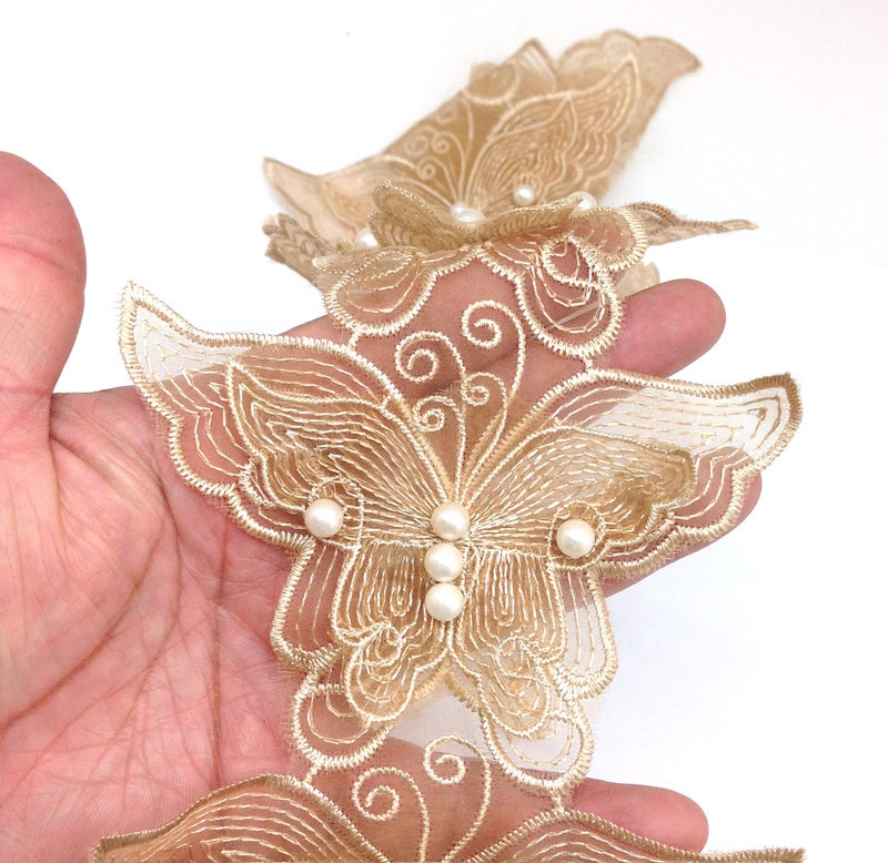 KARMELLING 10PC Gold Pearl Chiffon Butterfly Flower Embroidered Lace Edge Trim Ribbon 11cm x 75cm