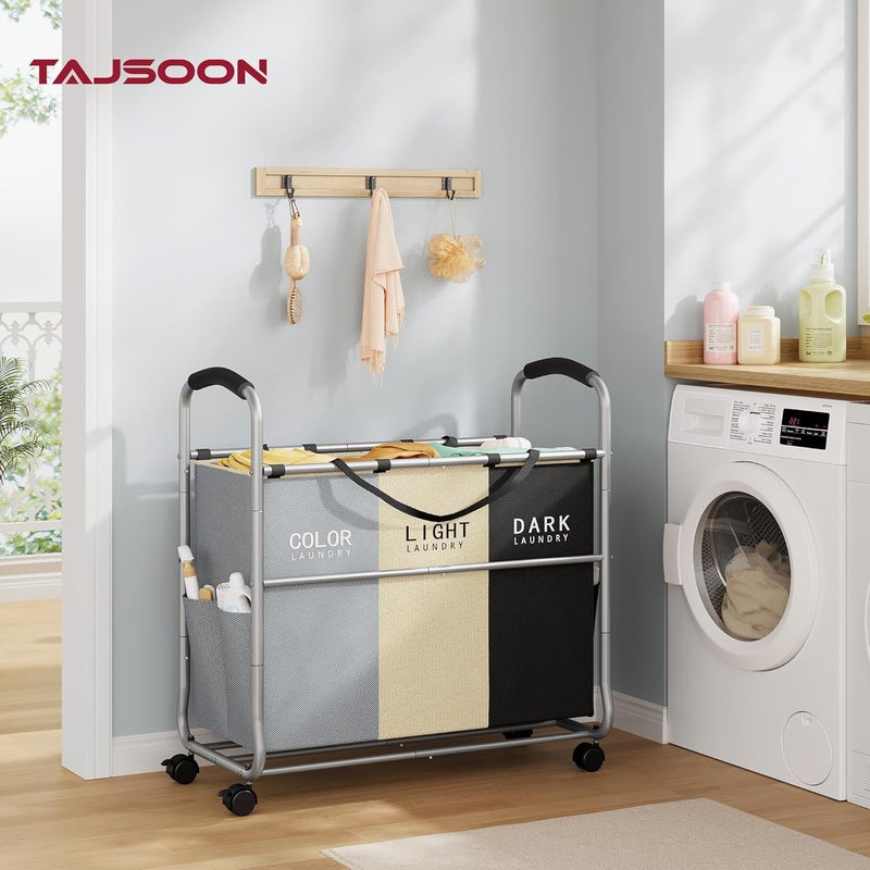 Tajsoon تاجسون () سلة تصنيف الملابس ذات 3 أقسام، عربة تصنيف الملابس مزودة بعجلات قوية قابلة للقفل وأكياس قابلة للإزالة، سلة دوارة مخصصة لتخزين الملابس، الألوان: الرمادي + البيج + الأسود - Image 2