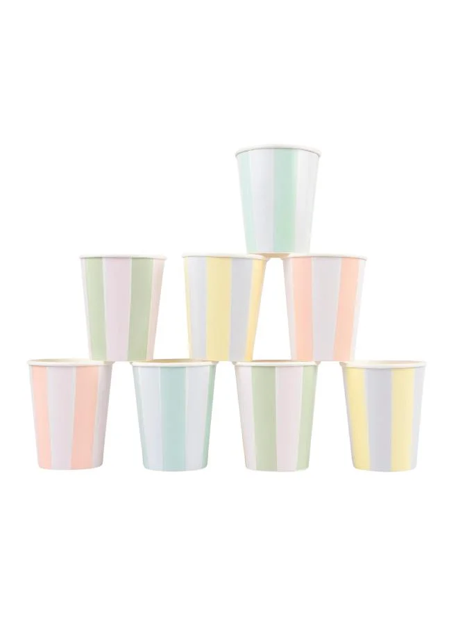 Pastel Stripe Cups - Pack of 8, Hot & Cold Drink Cups with 4 Pastel Colorways, 3-Ply Paper Party Tableware for Garden Parties, Picnics, Baby Showers & Celebrations