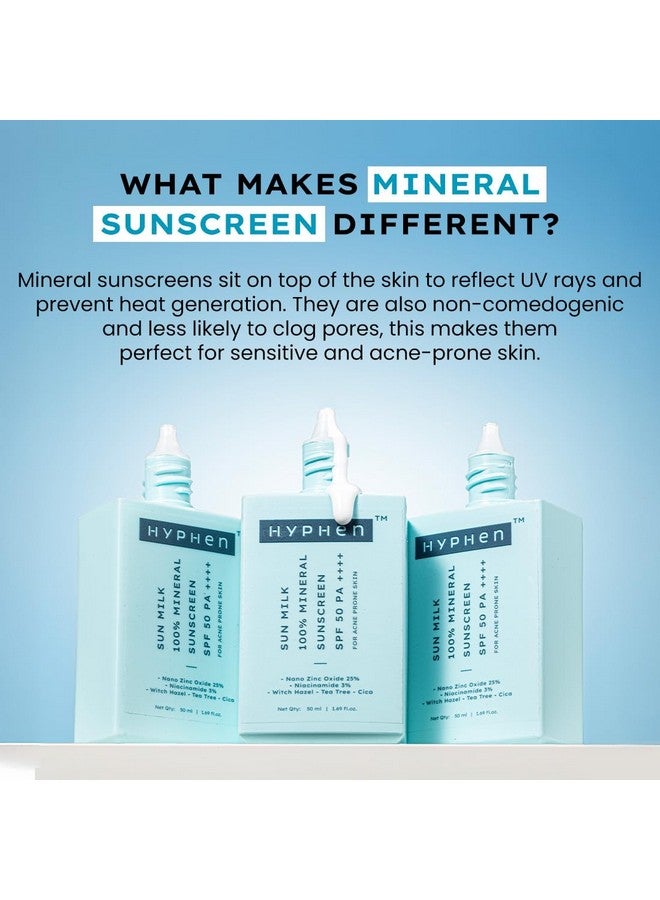 HYPHEN Sun Milk 100% Mineral Sunscreen Spf 50 Pa++++ Uv+ Bluelight Protection, 25% Nano Zinc Oxide | Sensitive, Acne Prone & Oily Skin, Water Resistant Sun Protect | Sunscreen For Oily, Dry Skin | Water Suncreen, Korean Sunscreen | Removes Excess Oil And Dirt | For Women And Men - 50 Ml - Image 2
