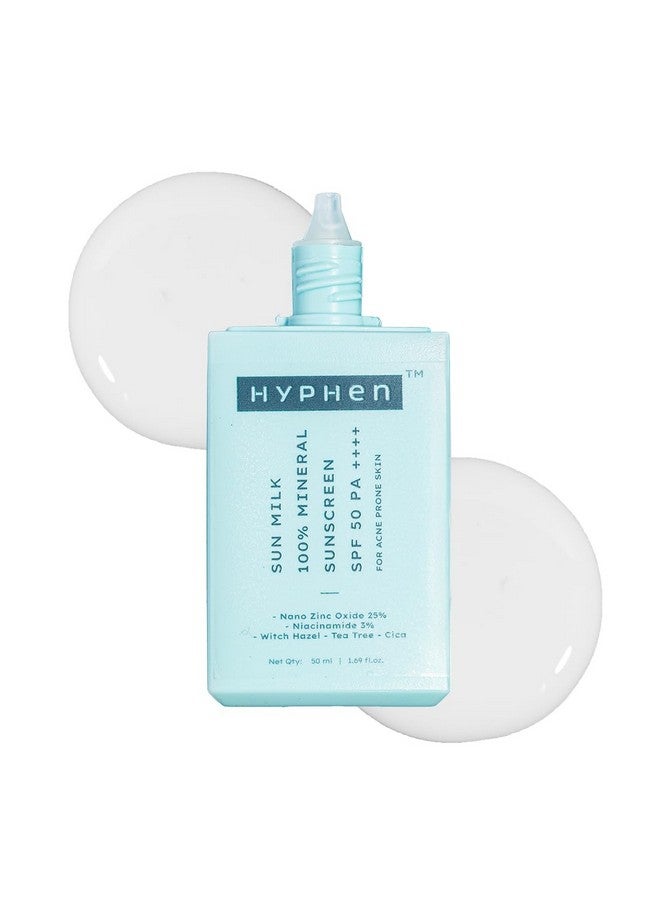 HYPHEN Sun Milk 100% Mineral Sunscreen Spf 50 Pa++++ Uv+ Bluelight Protection, 25% Nano Zinc Oxide | Sensitive, Acne Prone & Oily Skin, Water Resistant Sun Protect | Sunscreen For Oily, Dry Skin | Water Suncreen, Korean Sunscreen | Removes Excess Oil And Dirt | For Women And Men - 50 Ml - Image 1