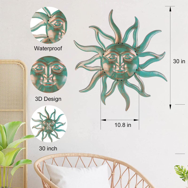VZVXCC Sun Metal Wall Art Outdoor Decor - 30 Inches Rust Proof Retro Metal Wall Sculpture Statues Wall Art Hanging Decoration for Indoor Outdoor,Garden, Home, Farmhouse, Fence Balcony Patio and Bedroom - Image 2