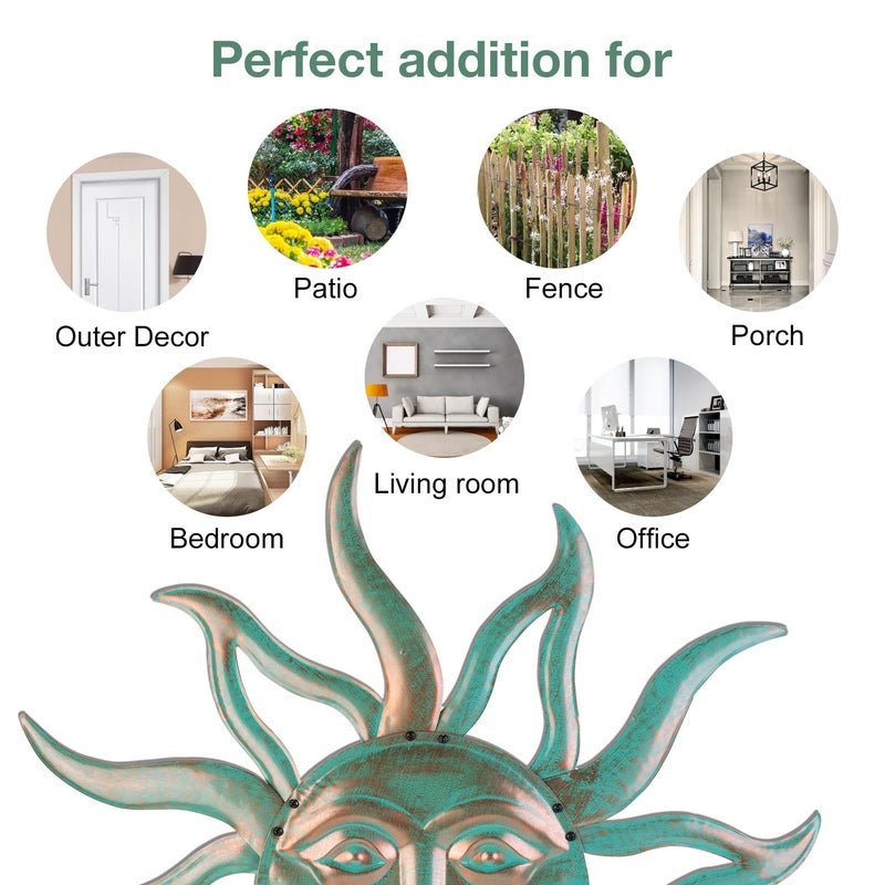 VZVXCC Sun Metal Wall Art Outdoor Decor - 30 Inches Rust Proof Retro Metal Wall Sculpture Statues Wall Art Hanging Decoration for Indoor Outdoor,Garden, Home, Farmhouse, Fence Balcony Patio and Bedroom - Image 3