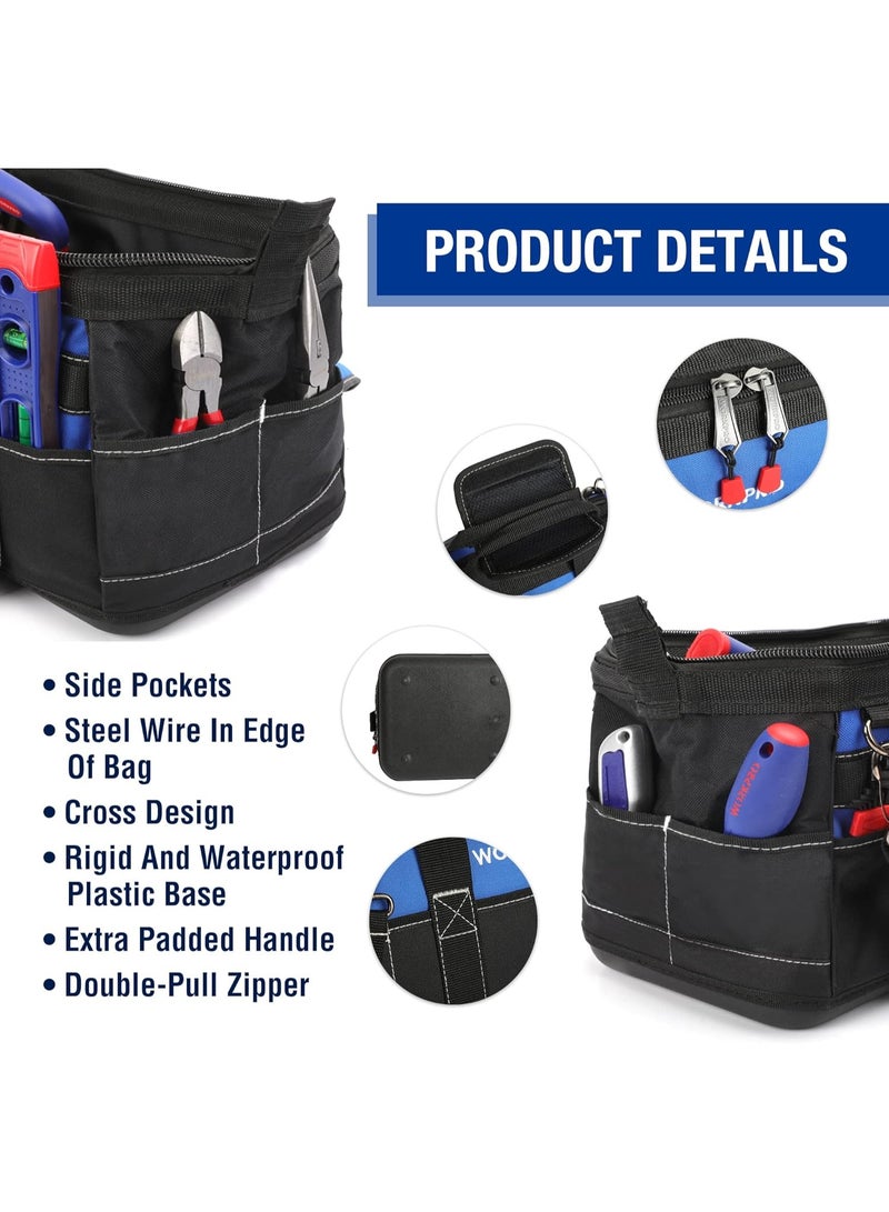 WORKPRO حقيبة أدوات 16 بوصة، حقيبة أدوات ثقيلة متعددة الجيوب مع قاعدة بلاستيكية صلبة مقاومة للماء، حقيبة أدوات كهربائيين ثقيلة بفم واسع وحزام كتف قابل للتعديل - Image 2