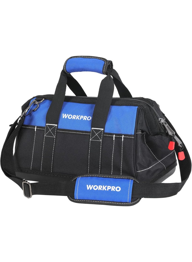 WORKPRO حقيبة أدوات 16 بوصة، حقيبة أدوات ثقيلة متعددة الجيوب مع قاعدة بلاستيكية صلبة مقاومة للماء، حقيبة أدوات كهربائيين ثقيلة بفم واسع وحزام كتف قابل للتعديل - Image 1