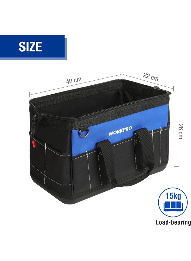 WORKPRO حقيبة أدوات 16 بوصة، حقيبة أدوات ثقيلة متعددة الجيوب مع قاعدة بلاستيكية صلبة مقاومة للماء، حقيبة أدوات كهربائيين ثقيلة بفم واسع وحزام كتف قابل للتعديل - Image 3
