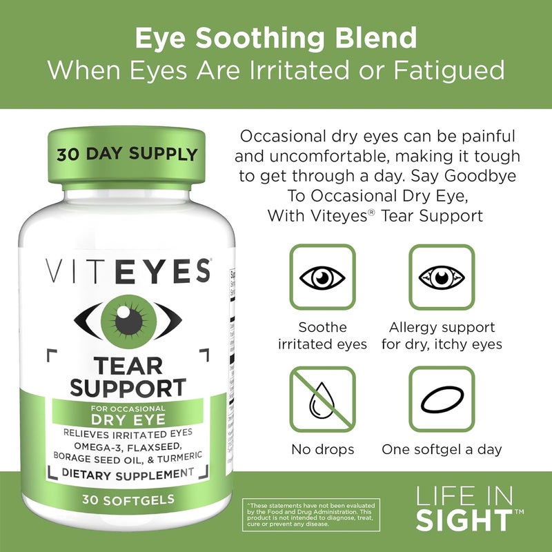 Viteyes Tear Support Eye Soothing Blend Occasional Dry Eye Supplement No Eye Drops Redness Relief Eye Vitamin Allergy Support for Itchy Eyes Omega3 Fish Oil 30 Softgels - Image 4