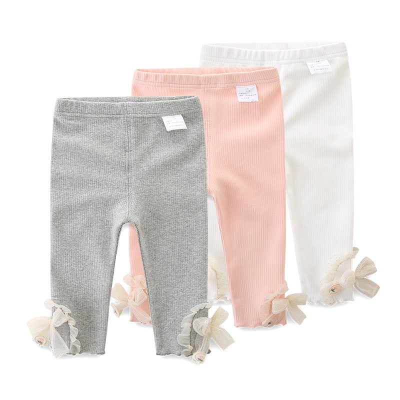 Baby Girl Cotton Stretch Leggings with Bow – Mid-Rise Trousers for Infants 1-3 Years - Image 2
