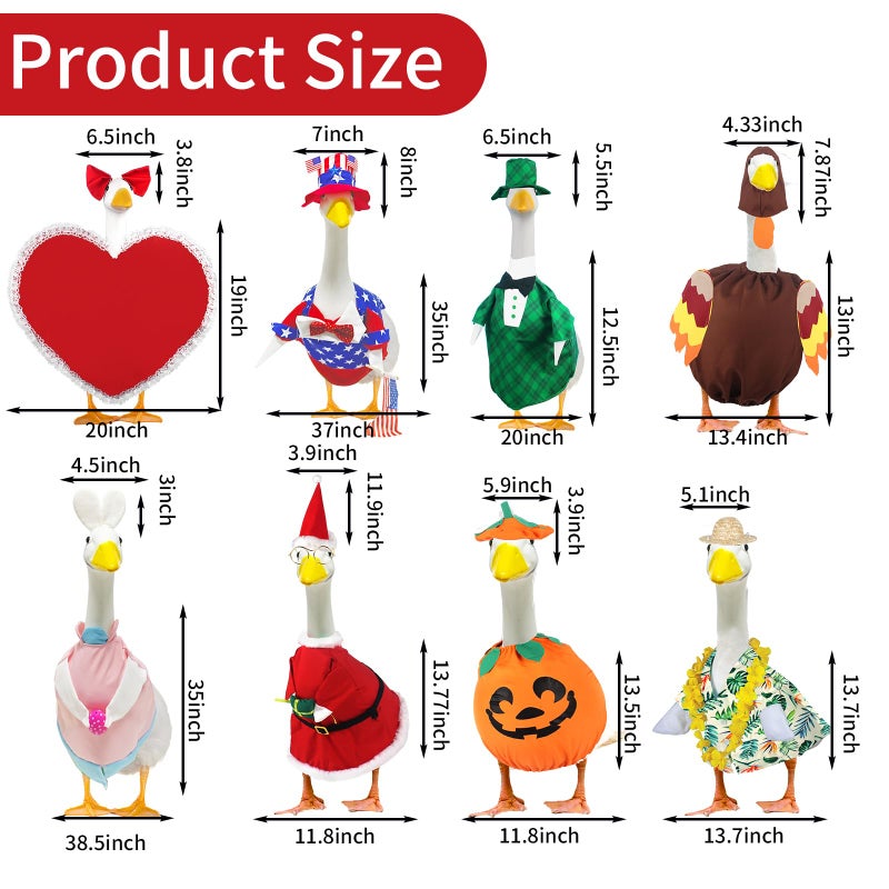kedaijin 8 Set Holiday Porch Goose Outfits All Seasons Holiday Bundle St. Patrick Easter Summer Hawaiian 4th of July Fall Lawn Goose Clothing Porch Goose Clothes for Goose Patio Yard Lawn Decor - Image 2