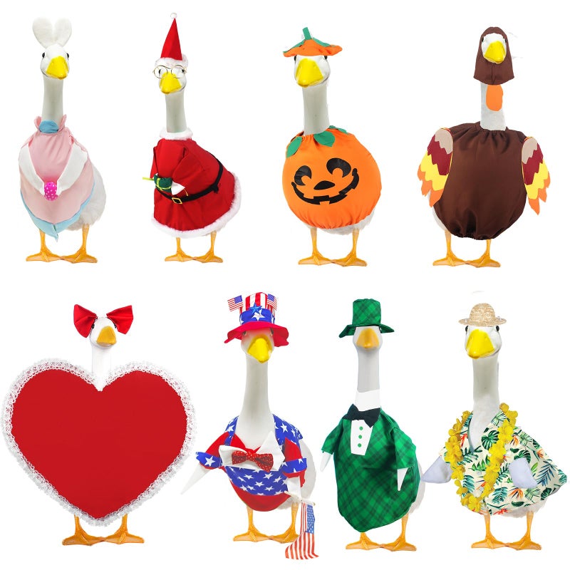kedaijin 8 Set Holiday Porch Goose Outfits All Seasons Holiday Bundle St. Patrick Easter Summer Hawaiian 4th of July Fall Lawn Goose Clothing Porch Goose Clothes for Goose Patio Yard Lawn Decor - Image 1