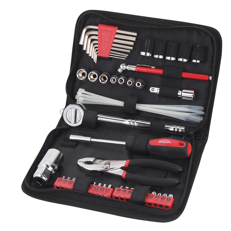 Apollo Tools 56 Piece Compact SAE Auto Tool Set in Zippered Case Small Mechanic Tool Set for Car Emergency Motorcycle Repair on the Road Great for Travel Tool Needs Red DT9774