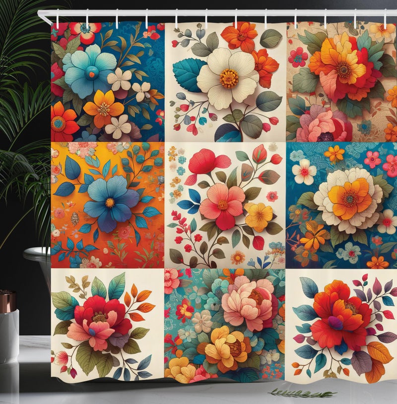 أمبيسون Ambesonne Floral Surtain Surtain Multicolor Flowers في المربعات مع الإلهام المرقعة القماش القماش ديكور الحمام مجموعة مع خطافات 69 "W × 75" L Orange و Dark Fricquoise - Image 1