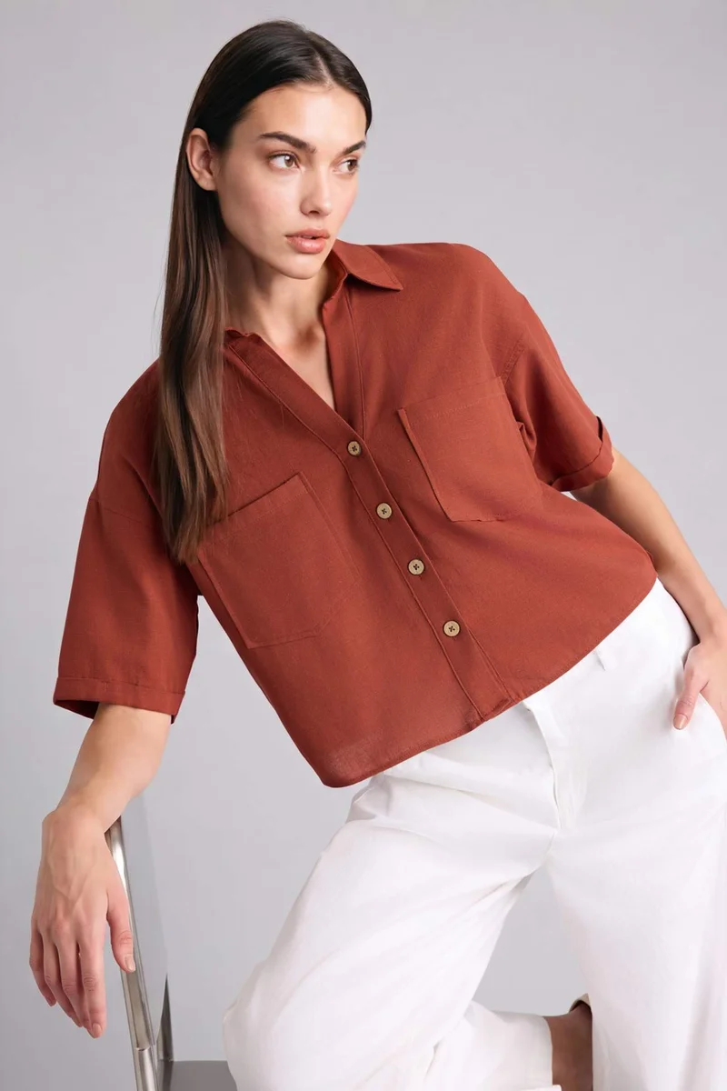 ديفاكتو Boxy Fit Shirt Collar Linen Blended Short Sleeve Shirt
