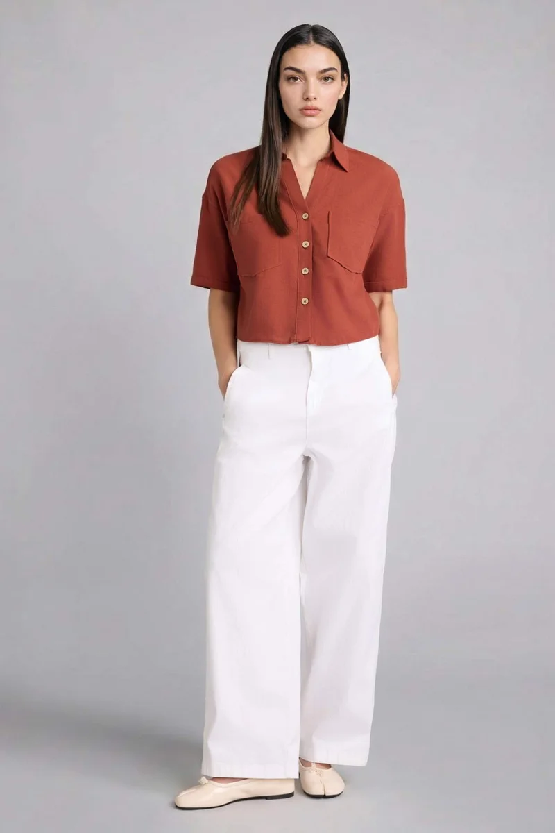 ديفاكتو Boxy Fit Shirt Collar Linen Blended Short Sleeve Shirt
