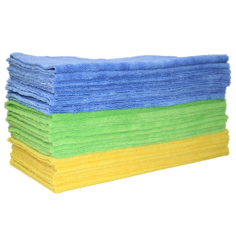 POLYTE Microfiber Cleaning Towel Ultrasonic Cut Edgeless (16x16, 24 Pack, Premium, Blue,Green,Yellow) - Image 1