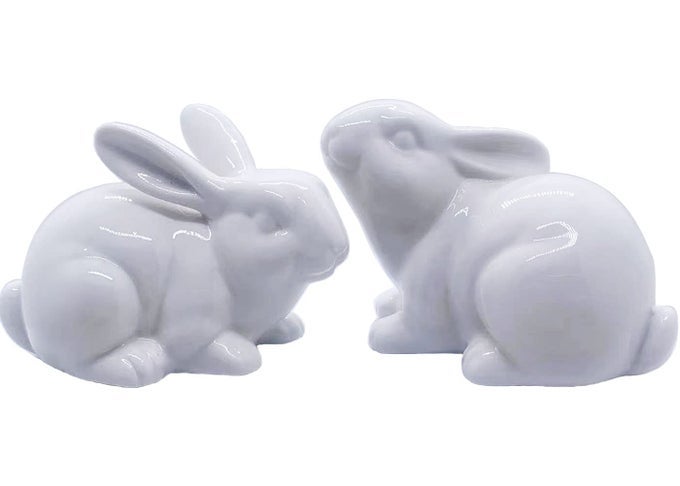 SET OF 2 PORCELAIN BUNNY RABBIT STATUE FIGURINE EASTER SPRING DECORATION VINTAGE RUSTIC WHITE BUNNY FIGURINES FOR EASTER DINING TABLE CENTERPIECE TIERED TRAY BOWL SHELF ORNAMENT