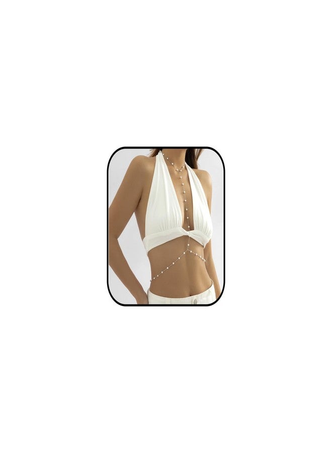 KONPJE Pearl Body Chain Necklace Boho Bra Chain Body Jewelry for Women Sexy Body Chains Summer Beach Pearl Harness Bra Chain Bikini Festival Rave Pearl Bra Body Necklace Jewelry - Image 1
