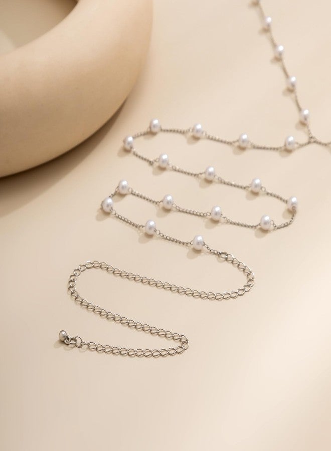 KONPJE Pearl Body Chain Necklace Boho Bra Chain Body Jewelry for Women Sexy Body Chains Summer Beach Pearl Harness Bra Chain Bikini Festival Rave Pearl Bra Body Necklace Jewelry - Image 4